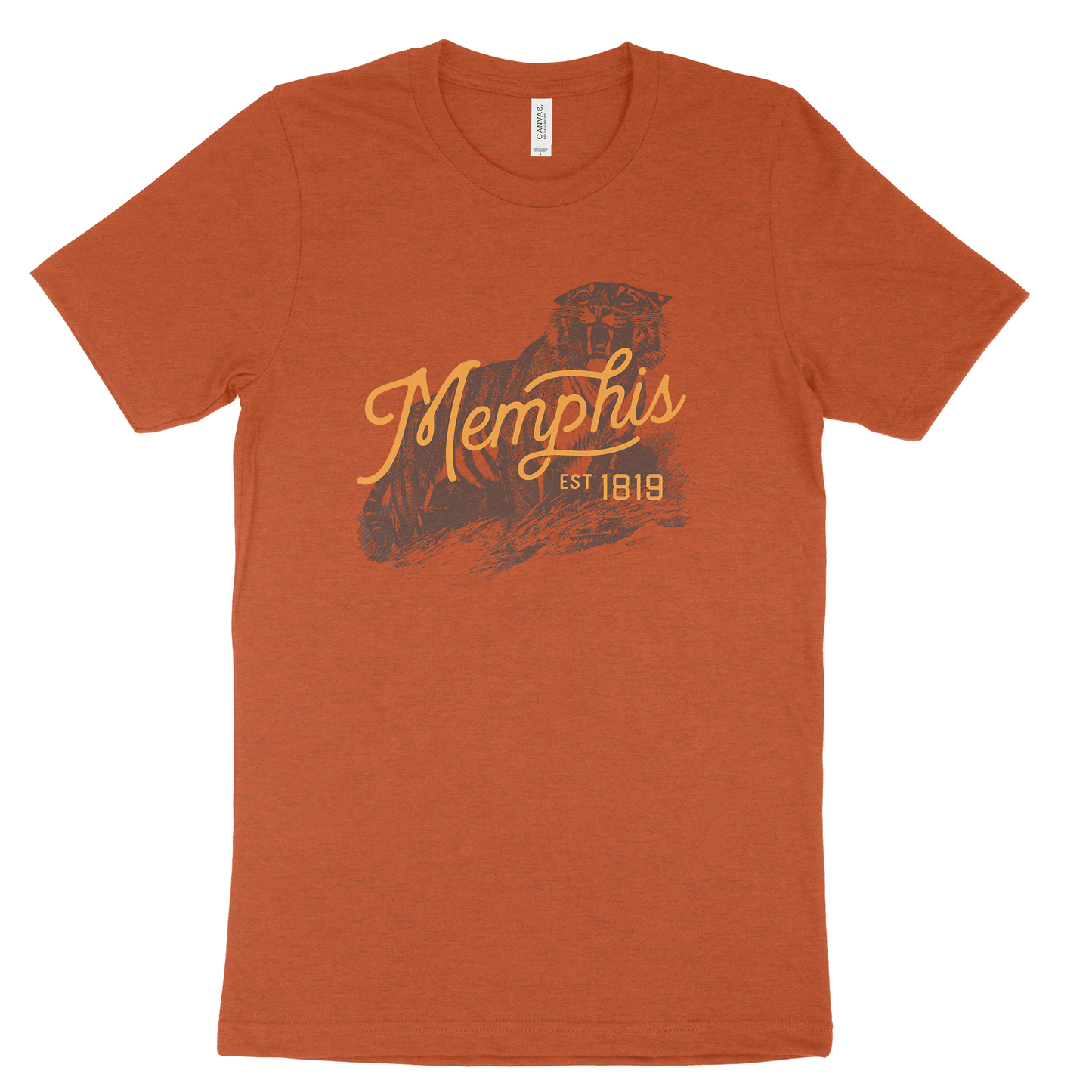 Choose901 Merch Shop's Rock N Roll Tiger Short Sleeve Tee, featuring a stylized print of the word "Memphis" above a graphic bear and labeled "EST 1819," is an orange Bella Canvas t-shirt.