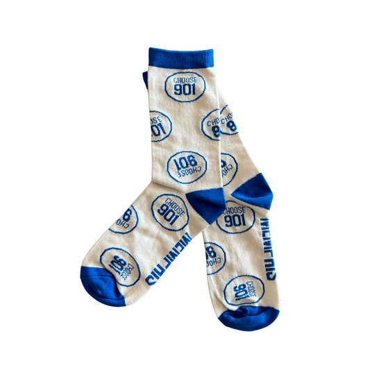A pair of Choose901 Party Socks White/Blue with blue accents and printed "Choose901" text on a white background from the Choose901 Merch Shop.