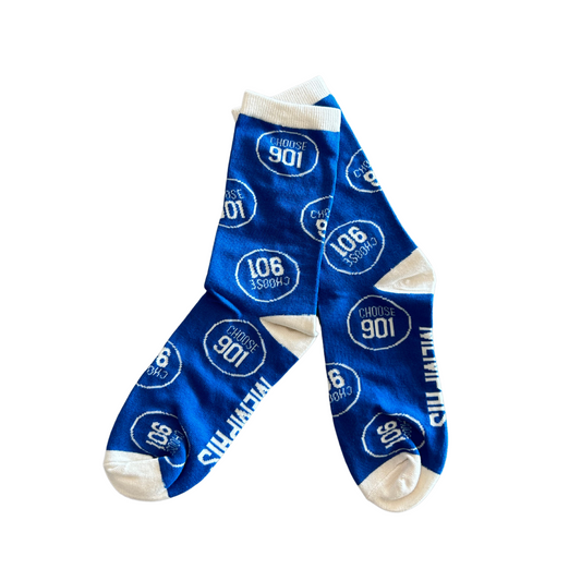 A pair of Choose901 Party Socks Blue/White with 'Choose901' text and number '106' graphics, featuring Memphis, isolated on a white background from the Choose901 Merch Shop.