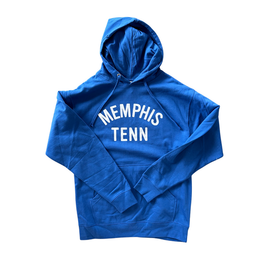 Memphis Tenn Royal Blue Hoodie from Choose901 Merch Shop with "Choose901 Memphis" text on a white background.