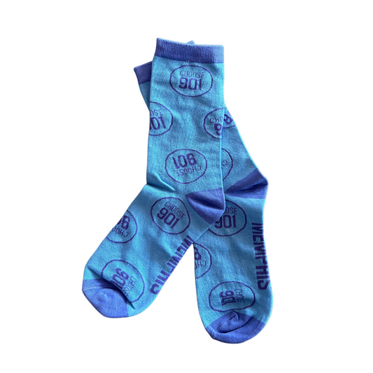 A pair of Choose901 Party Socks Blue/Purple with '100' emoji, Memphis text patterns, and Choose901 displayed on a white background from the Choose901 Merch Shop.