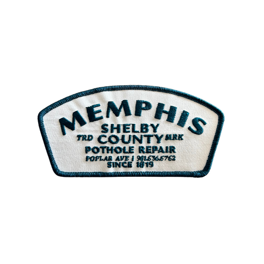Embroidered patch for Choose901 Merch Shop Pothole Repair Patches with an address and "since 1973" text.