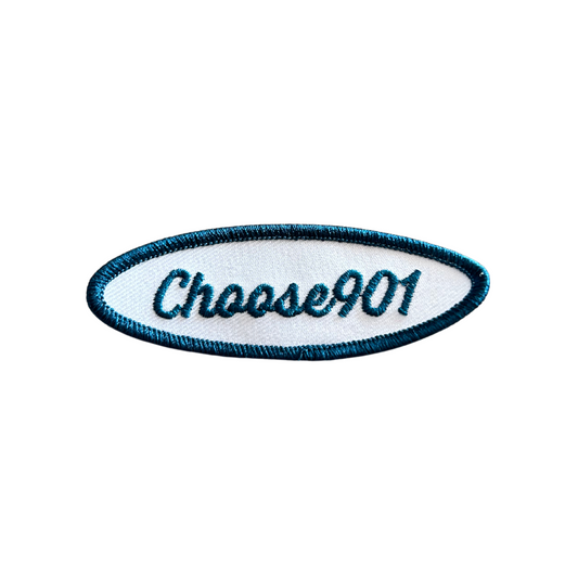 Embroidered Choose901 Mechanic Patch from the Choose901 Merch Shop, with the text "Choose901", representing Memphis, on a white background, outlined in blue.