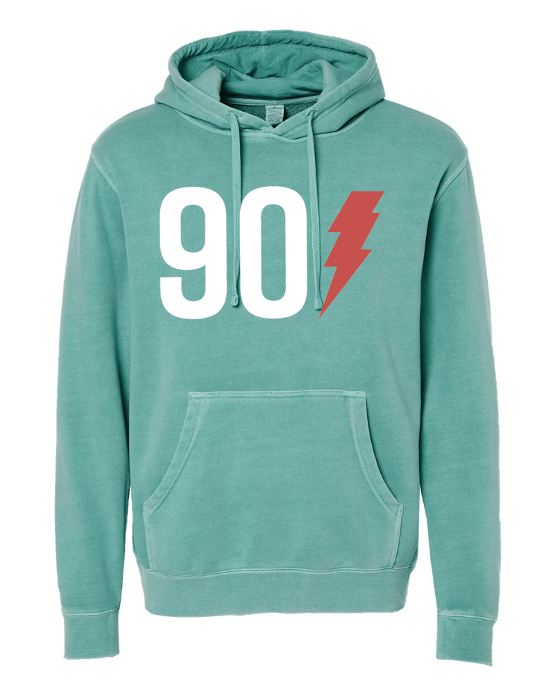 A 901 Bolt Hoodie by Choose901 Merch Shop, showcasing a vibrant design with the number "90" and a red lightning bolt on the front.