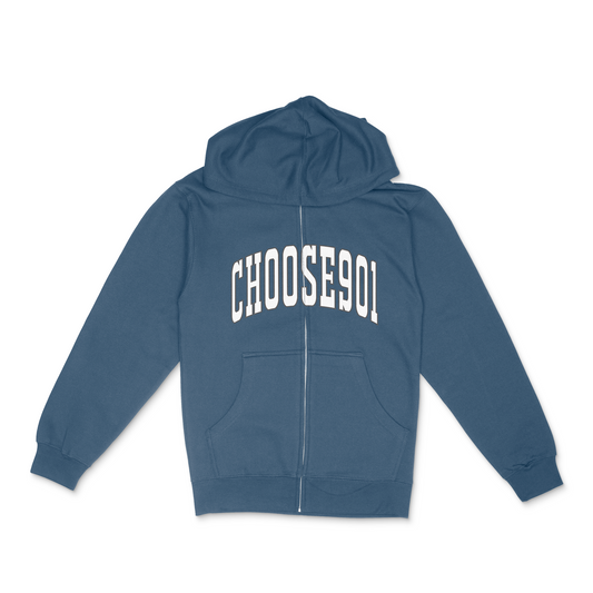 Choose901 Navy Zip Up Hoodie from Choose901 Merch Shop with "Memphis Choose901" printed on the back.
