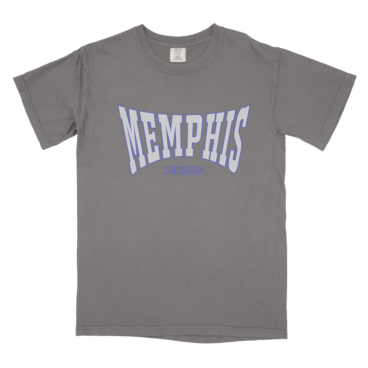 The Memphis College Letter Short Sleeve Tee from Choose901 Merch Shop is a gray Comfort Colors T-shirt displaying "MEMPHIS" in bold white letters, with "CHOOSE901" elegantly printed in smaller purple letters underneath, providing a stylish nod to the city.