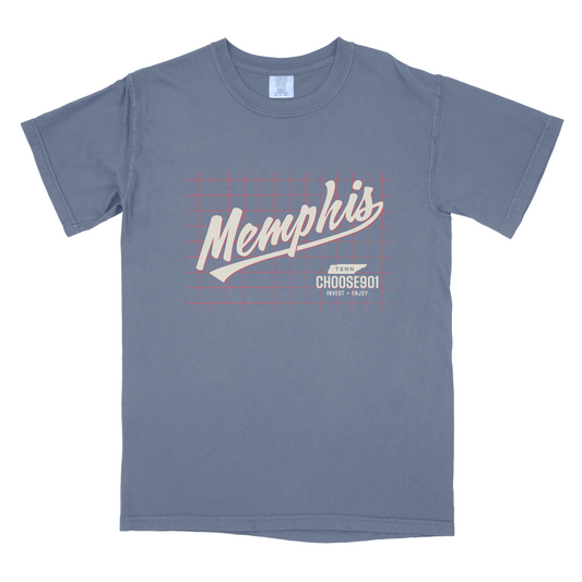Gray t-shirt with "Memphis" text and "Choose901" slogan.

Replace with:
Choose901 Baseball Grid Tee on Denim from Choose901 Merch Shop