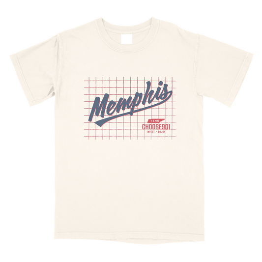 Cream-colored t-shirt with "Memphis" script and grid design, featuring the text "Choose901" below. 

Choose901 Baseball Grid Tee on Ivory from Choose901 Merch Shop.