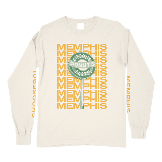 Long-sleeve t-shirt with "Halftone Gibson's on Ivory" and "Choose901" themed graphics in a repeating pattern from the Choose901 Merch Shop.