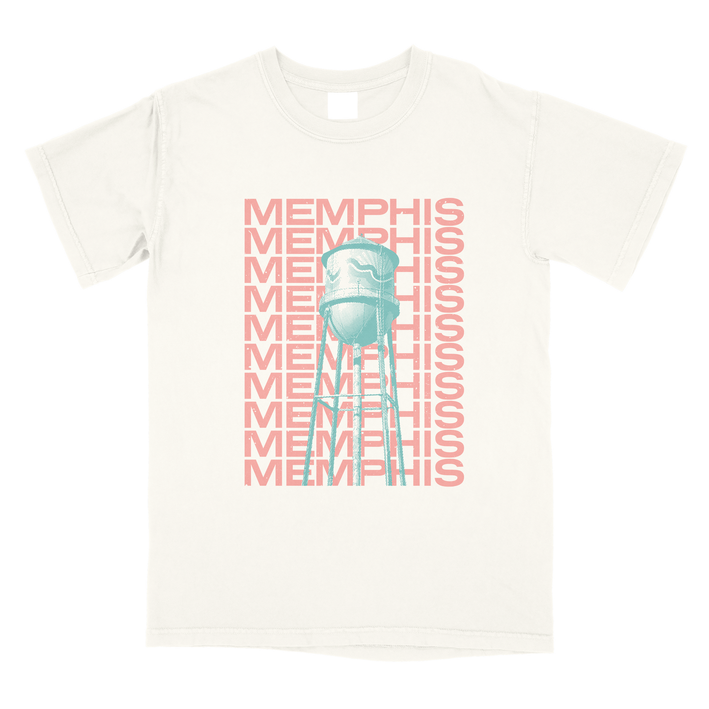 The Choose901 Merch Shop's Halftone Broad Ave Water Tower Short Sleeve Tee on Ivory showcases a blue water tower graphic and vertical "MEMPHIS" text in pink, ideal for art enthusiasts exploring the Broad Avenue Arts District.