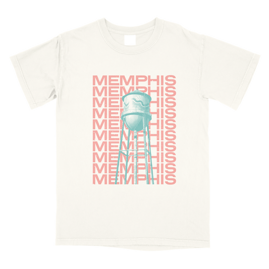 White t-shirt with a Broad Ave Water Tower Halftone on Ivory graphic design from the Choose901 Merch Shop, featuring the word "Choose901" repeated in pink and blue colors.