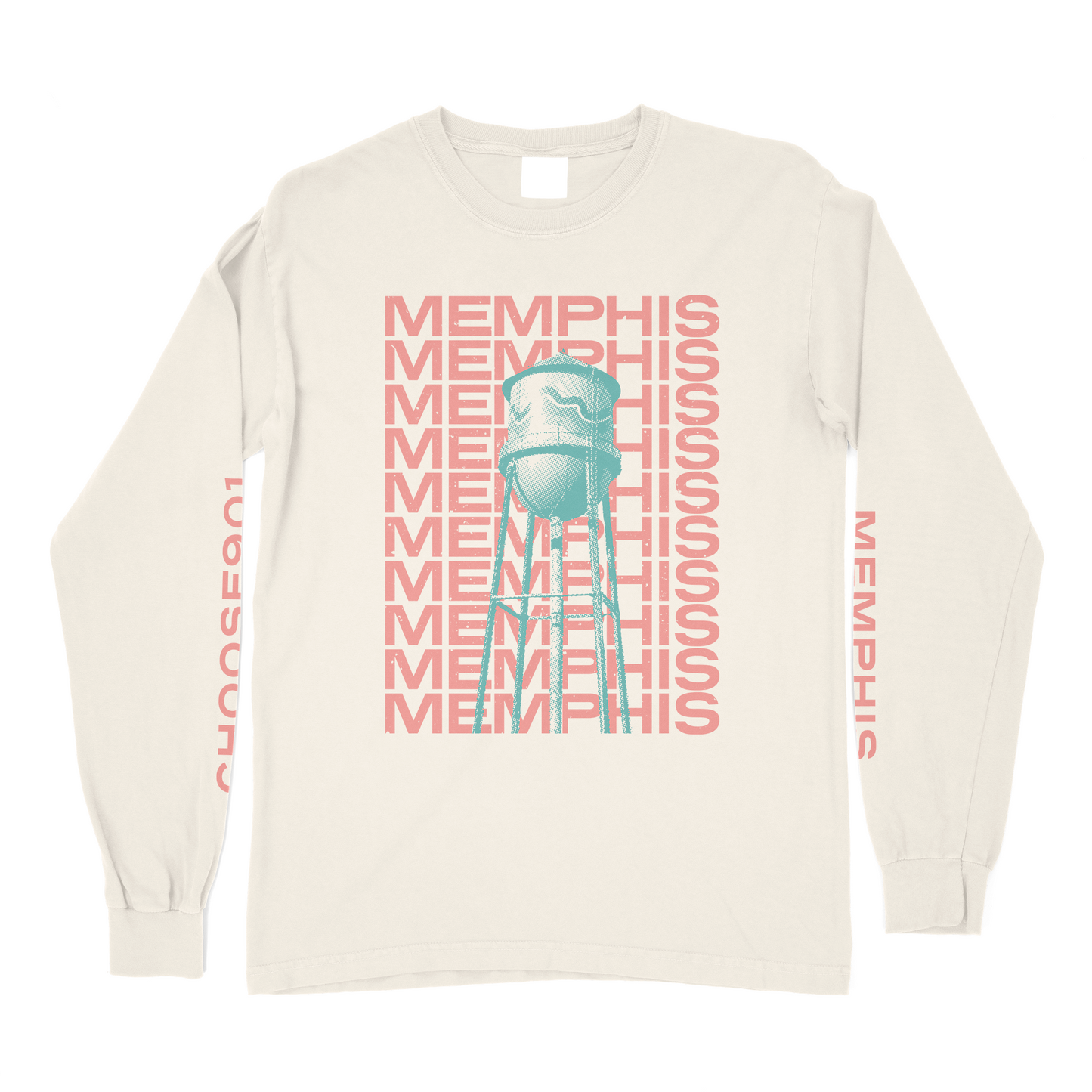 This comfy long sleeve tee, made from Ivory Comfort Colors by Choose901 Merch Shop, features a repeating "MEMPHIS" text with an image of the iconic Broad Ave Water Tower in the center and "CHOOSE901" displayed on the left sleeve.
