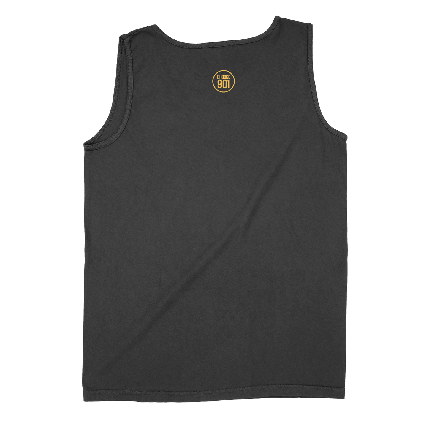 This product description showcases the Handwritten Tank Top, available in black from Choose901 Merch Shop, viewed from the back, and featuring a small yellow "901" logo printed near the neckline.