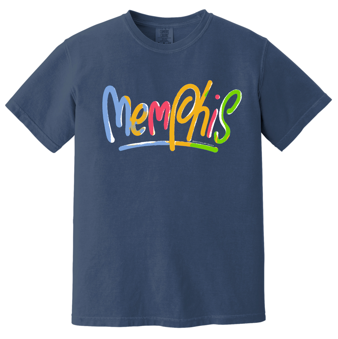 Navy Handwritten Short Sleeve Shirt from Choose901 Merch Shop branded with "Memphis" in vibrant, retro font for a classic fit and luxurious softness.