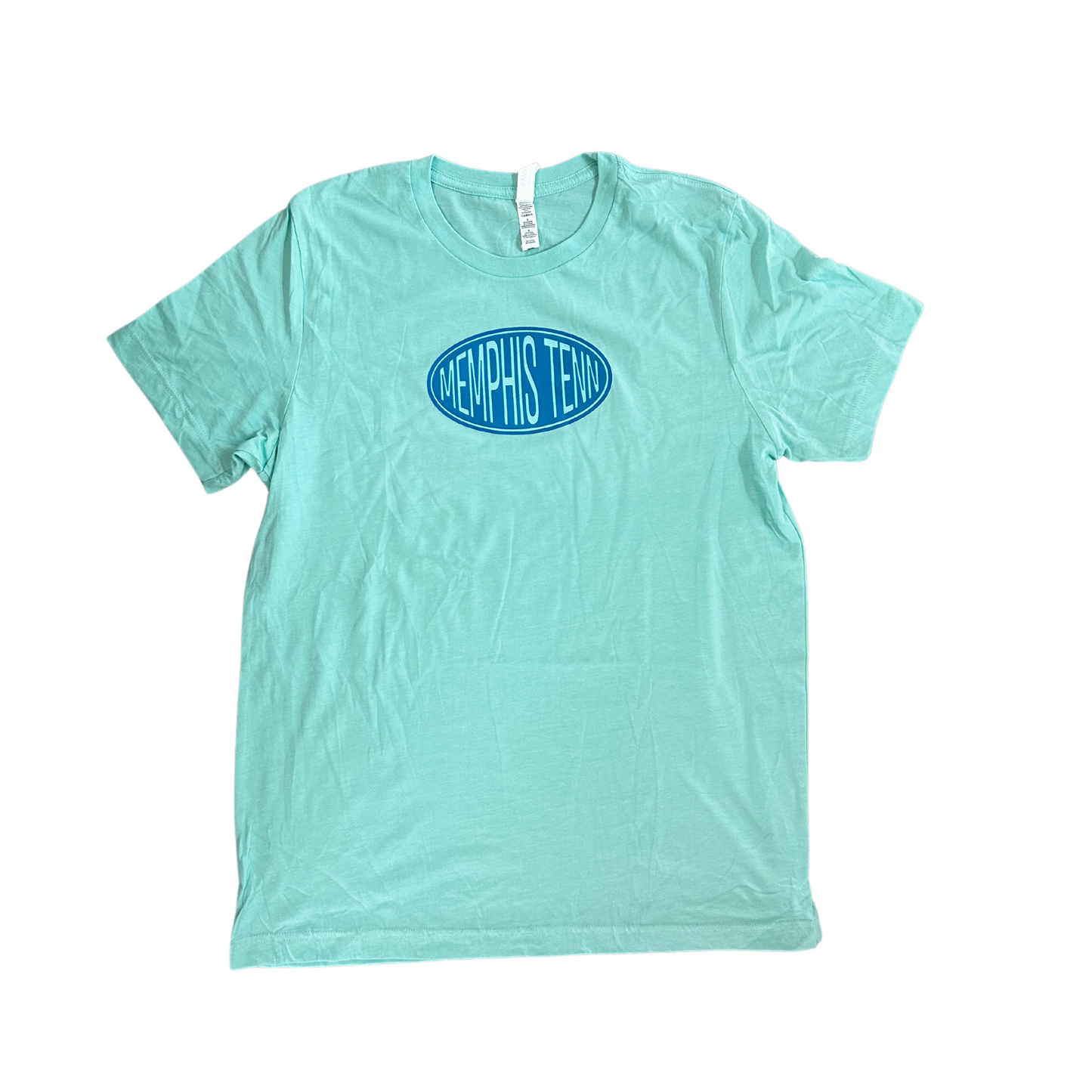A light blue Memphis Tenn Gas Station Short Sleeve Tee from the Choose901 Merch Shop, featuring a classic design with an oval graphic and "Memphis Tenn" printed in the center.