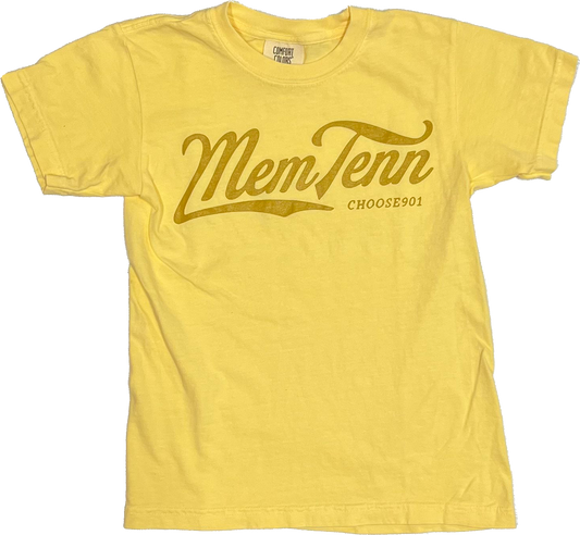 Yellow t-shirt with the word "Youth Memphis Tenn Cursive" in brown cursive script and "Choose901" below it, featuring a classic Memphis design, on a white background. (Choose901 Merch Shop)