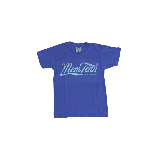 Blue t-shirt with the text "Youth Memphis Tenn Cursive" printed in white cursive font, displayed against a striped gray background from Choose901 Merch Shop.