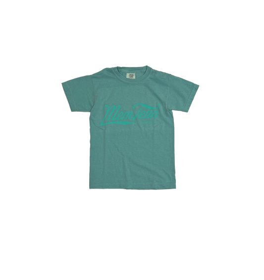 Youth Memphis Tenn Cursive t-shirt with "mentor" printed in white italic font, displayed flat on a vertically striped Comfort Colors background of blue and white from Choose901 Merch Shop.