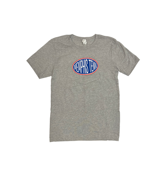 Gray t-shirt with a favorite "Memphis Tenn Gas Station" logo on the front, displayed against a striped background from Choose901.