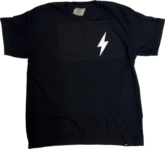 A black Youth Choose901 Lightning Smiley on Black shirt laid flat with a white lightning bolt design on the front from Choose901 Merch Shop.