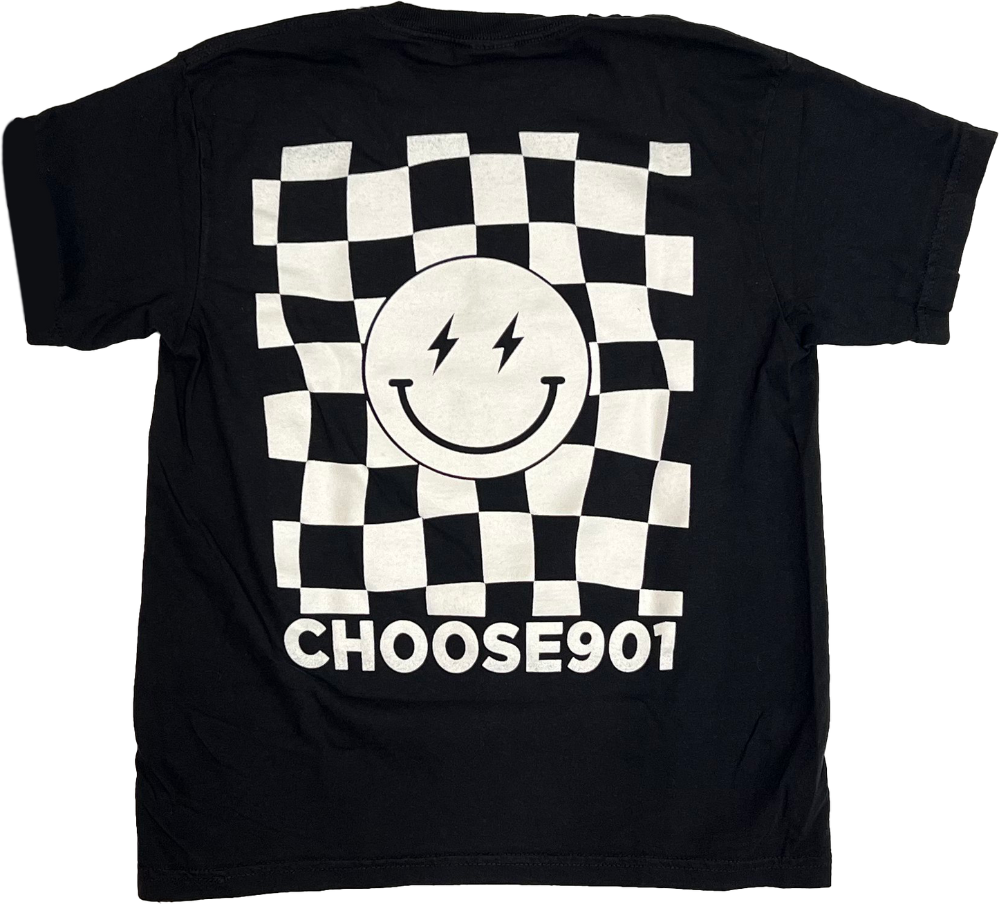 The Youth Choose901 Lightning Smiley Short Sleeve Tee, from Choose901 Merch Shop, is a black T-shirt with a checkered pattern, featuring a smiling face with lightning bolt eyes and the text "CHOOSE901" underneath, celebrating Memphis's vibrant spirit.