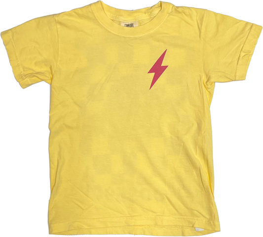 A yellow Choose901 Youth Lightning Smiley on Butter shirt with a pink lightning bolt symbol on the front, displayed against a pale striped background.