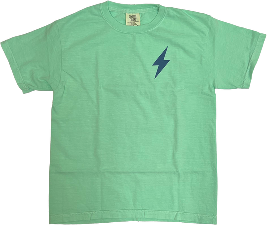 A mint green Choose901 Merch Shop shirt with a blue lightning bolt design on the front.
