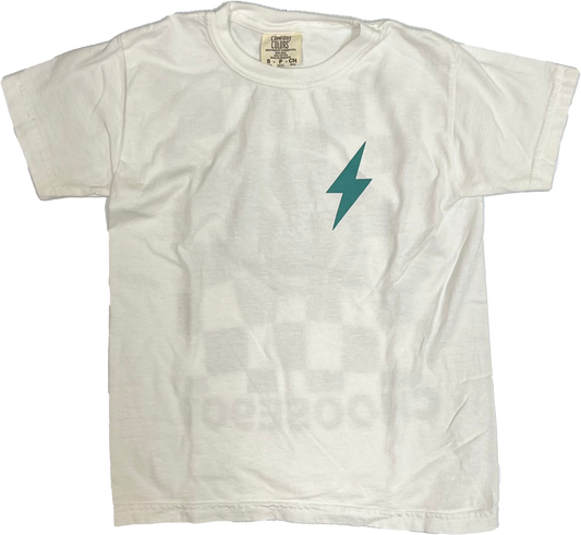 White Youth Choose901 Lightning Smiley t-shirt with a green lightning bolt design on the front, displayed on a striped background from the Choose901 Merch Shop.