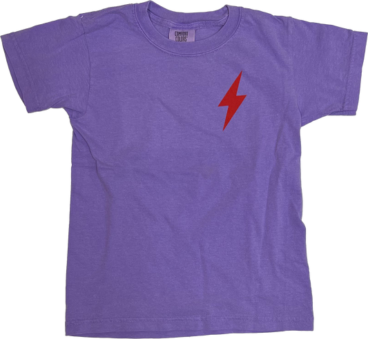 Purple Youth Choose901 Lightning Smiley on Violet shirt with a red lightning bolt design in the center, displayed on a striped grey background from Choose901 Merch Shop.
