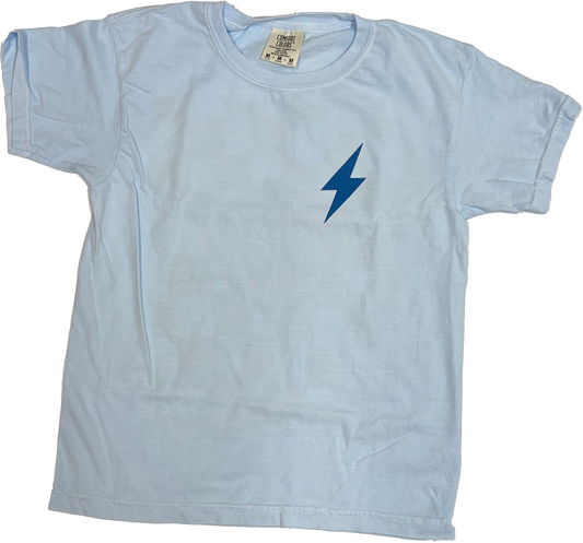 A light blue Choose901 Lightning Smiley on Chambray shirt with a blue lightning bolt design on the front, displayed on a striped background.
