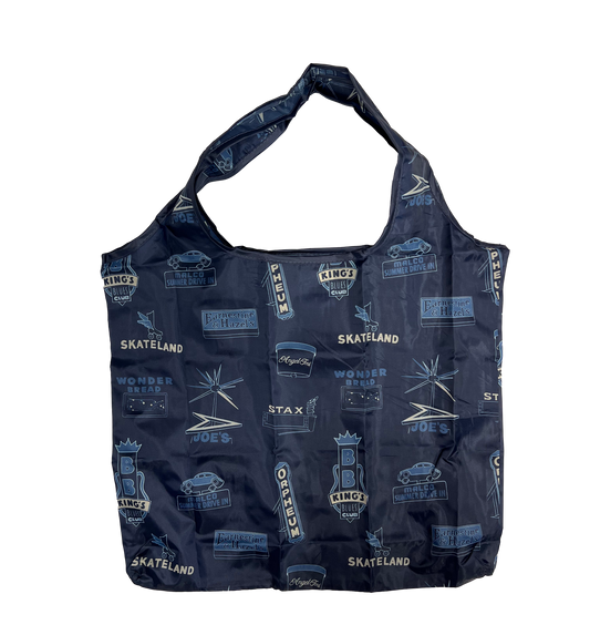 A Memphis Signs Navy Nylon Tote from the Choose901 Merch Shop, with a blue pattern featuring various retro motifs including diners and drive-in theaters, designed to be easily packable.