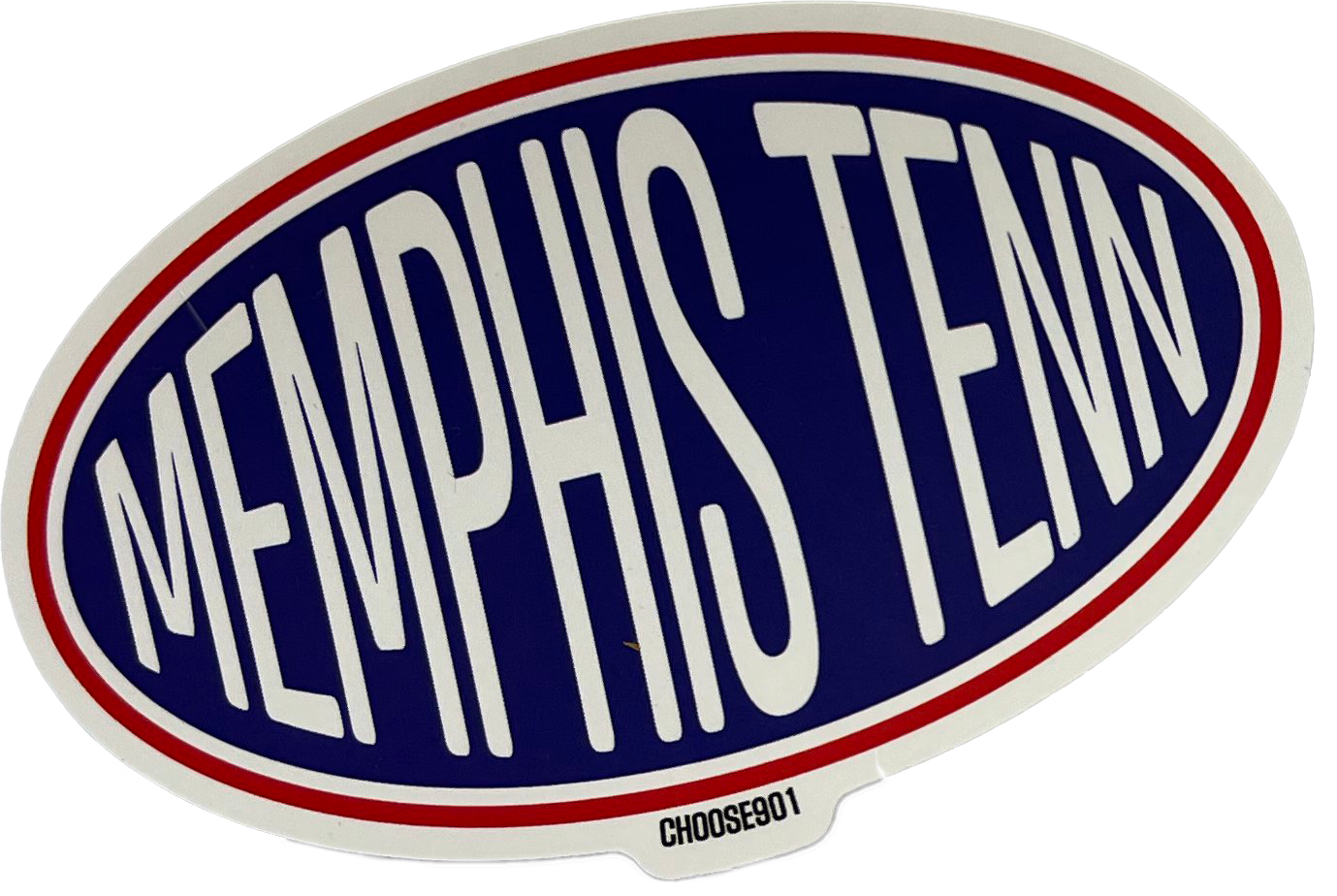 5-inch Oval Gas Station Sticker with "memphis tenn" in bold white letters on a blue background, bordered in red, with the text "Choose901" in small white letters at the bottom.