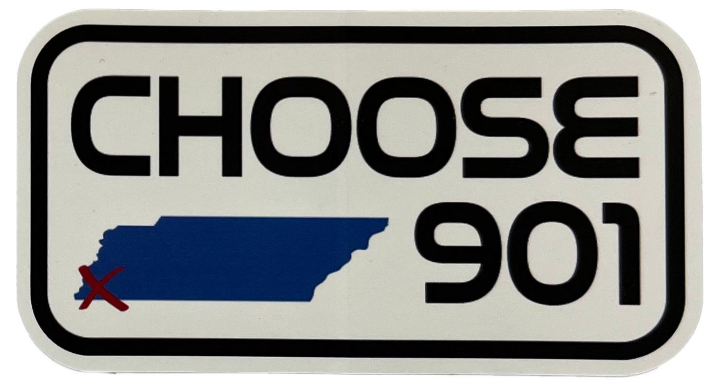 A Choose901 Rectangle Big Sticker from the Choose901 Merch Shop reading "choose 901" with a blue map of Tennessee and a red mark on the western part, indicating Memphis.