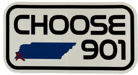 A Choose901 Rectangle Big Sticker from the Choose901 Merch Shop reading "choose 901" with a blue map of Tennessee and a red mark on the western part, indicating Memphis.