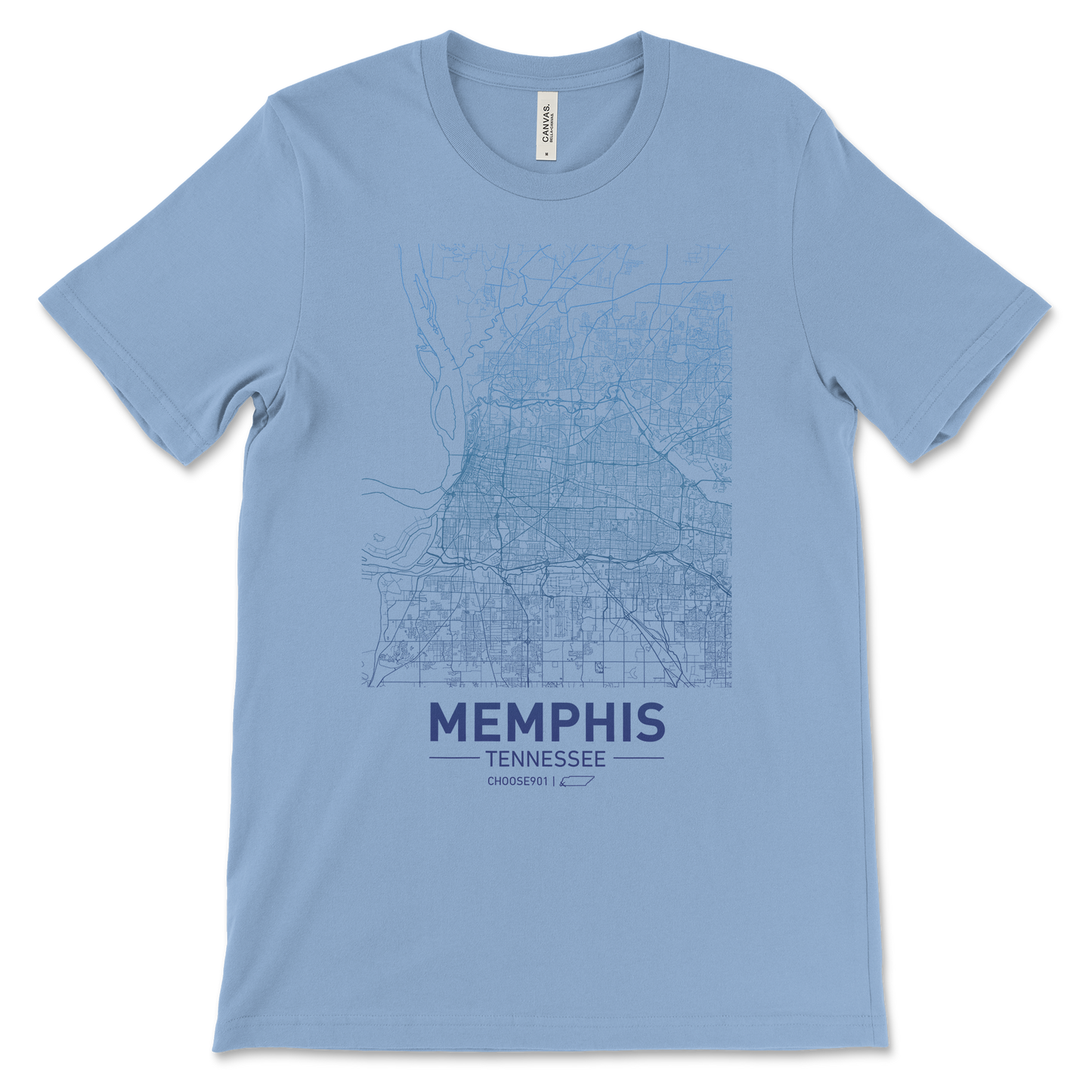 Carolina Blue Choose901 Memphis Map Shirt featuring a detailed street map of Memphis, Tennessee in white on the chest area.