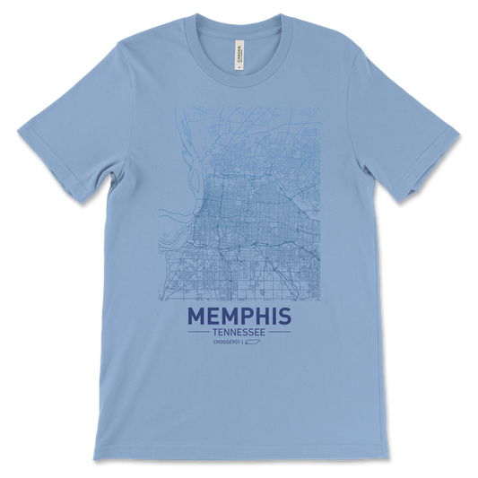 Carolina Blue Choose901 Memphis Map Shirt featuring a detailed street map of Memphis, Tennessee in white on the chest area.