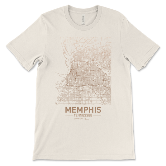 Natural Tan Choose901 Memphis Map Shirt featuring a detailed map print of Memphis, Tennessee, with the city name and coordinates below.