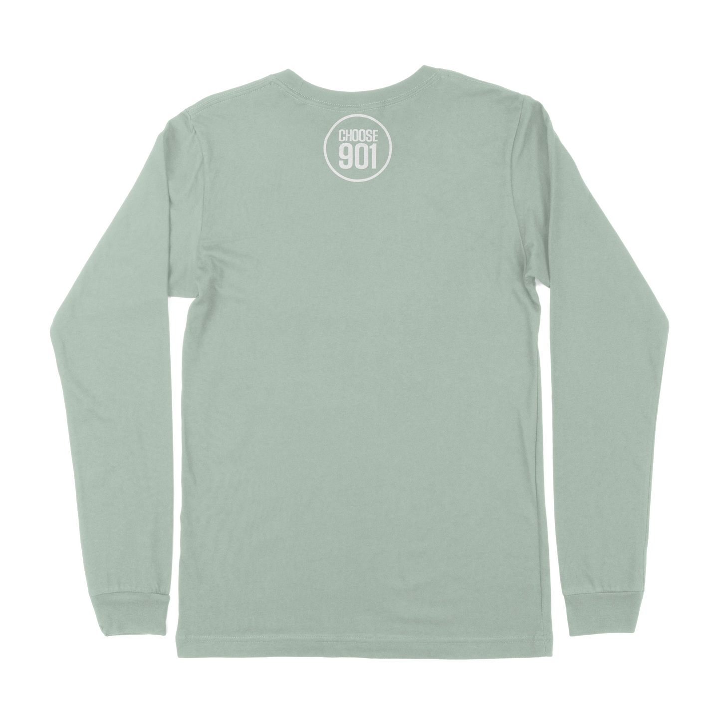 Back view of a light green Memphis Tenn Gas Station Long Sleeve Tee by Choose901 Merch Shop, featuring a "CHOOSE 901" logo on the upper back—ideal for any proud Memphian.