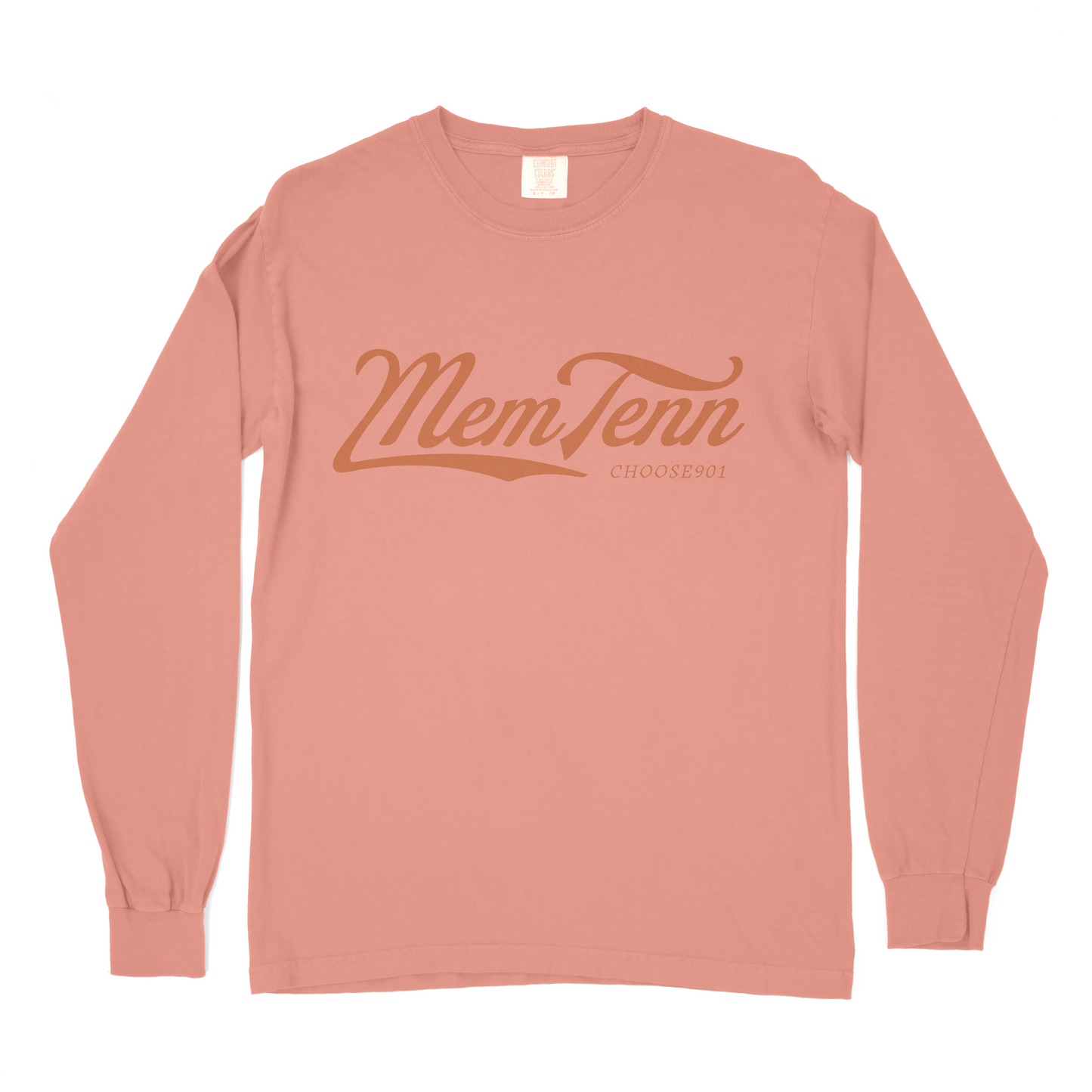 This classic Memphis Tenn Cursive Long Sleeve Tee from Choose901 Merch Shop features "MemTenn" in bold script and "CHOOSE901" in subtle letters on the front, crafted from Comfort Colors fabric in a long-sleeve pink design.