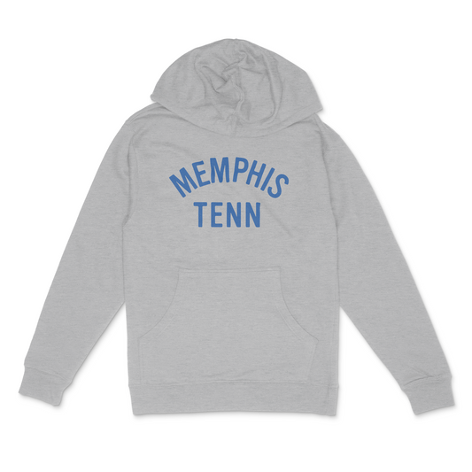 Gray hooded sweatshirt with "Memphis Tenn Hoodie on Grey Heather" printed in blue on the back from Choose901 Merch Shop.