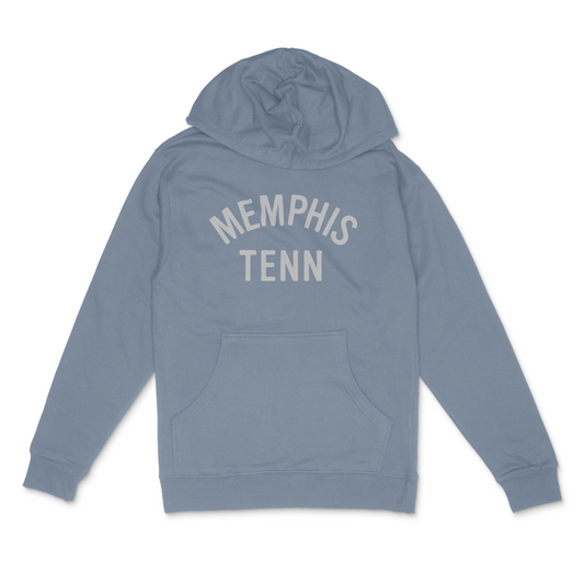 Storm Blue Memphis Tenn Hoodie from Choose901 Merch Shop with "Choose901 Memphis" text on the back.