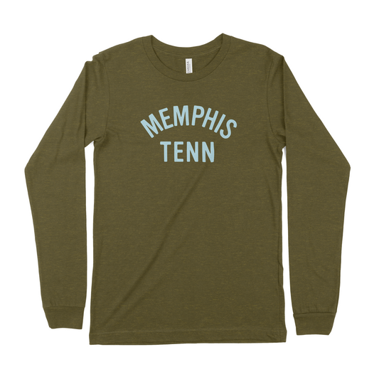 Long-sleeve Memphis Tenn on Heather Olive t-shirt from Choose901 Merch Shop with "Choose901" text printed on the front.