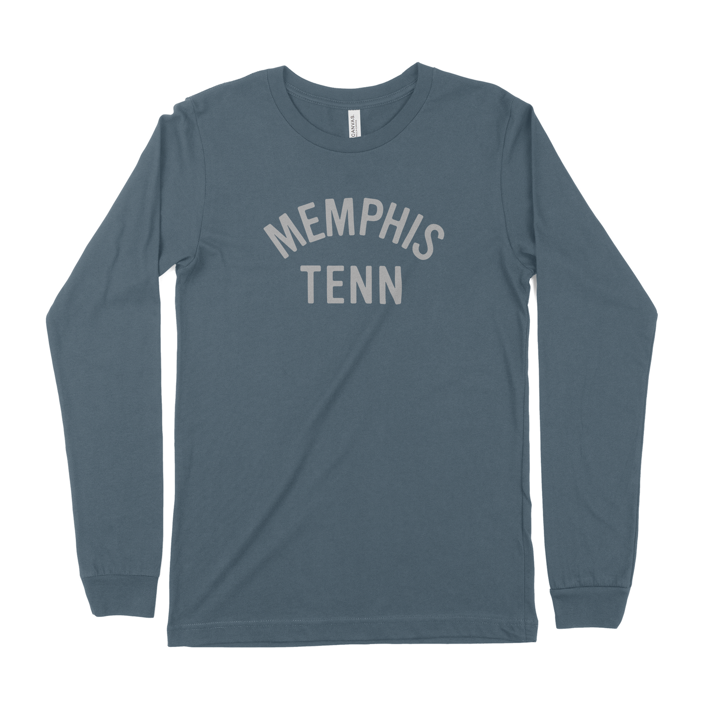 A Memphis Tenn Long Sleeve Tee from Choose901 Merch Shop in steel blue showcases a sleek design with "MEMPHIS TENN" in light gray, uppercase letters across the chest.