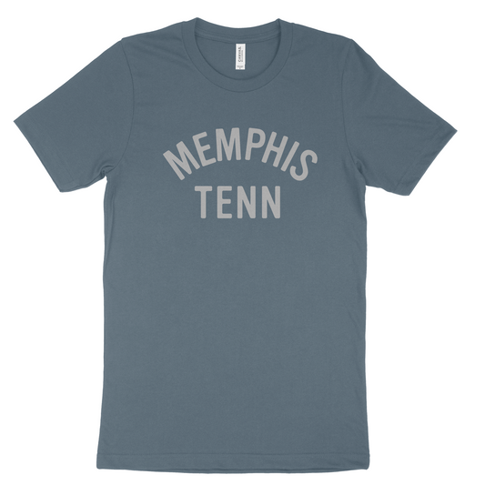 Gray t-shirt with "Memphis Tenn on Steel Blue" text print from Choose901 Merch Shop.