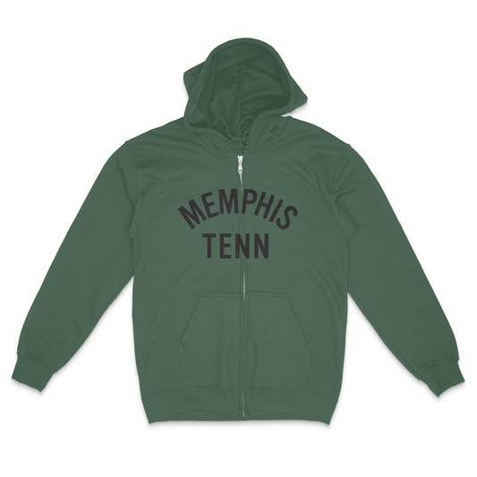 Memphis Tenn Zip Up Hoodie on Green with "Choose901 Merch Shop" text on front.