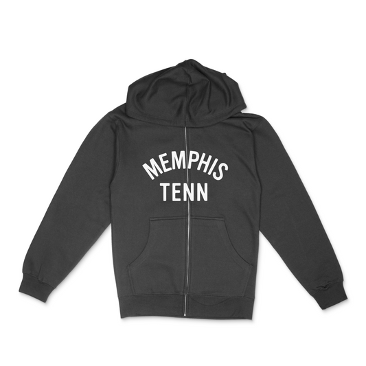 Black zip-up hoodie with "Memphis Tenn" printed on the back from Choose901 Merch Shop.