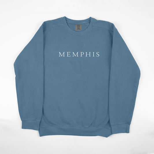 All Caps MEMPHIS Sweatshirt on Blue Jean from Choose901 Merch Shop, with the word "Choose901" printed across the chest.