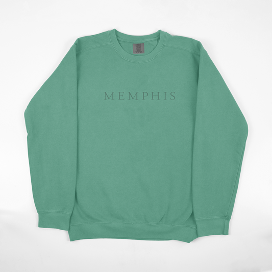 All Caps MEMPHIS sweatshirt on light green from Choose901 Merch Shop, displayed on a white background.