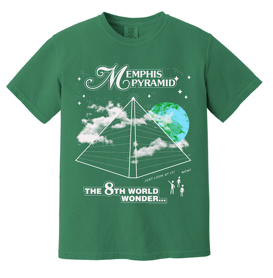 Green t-shirt with a graphic of a pyramid, earth, and the text "Choose901: Memphis Pyramid - The 8th World Wonder" would be replaced with:
8th World Wonder on Grass Green t-shirt from Choose901 Merch Shop.