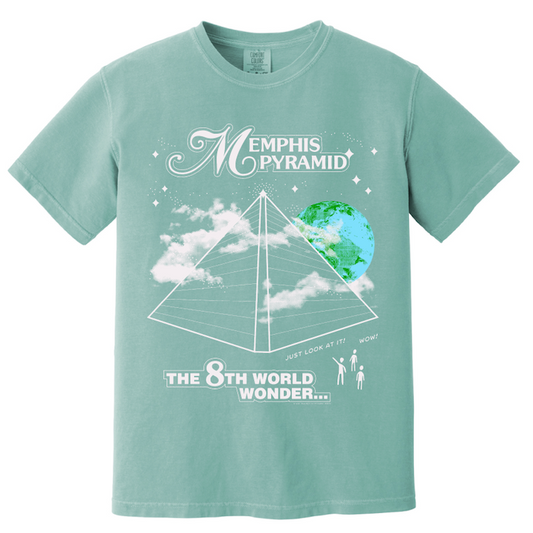 Graphic t-shirt with a Memphis pyramid design proclaiming it as the "8th world wonder," exclusively from Choose901 Merch Shop.